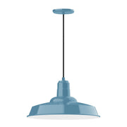 Light blue LED pendant light with dome shade and hanging cord