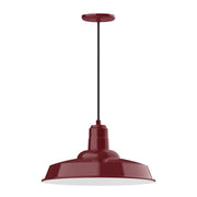Barn red metal pendant light with round canopy and bell shade, 18" drop