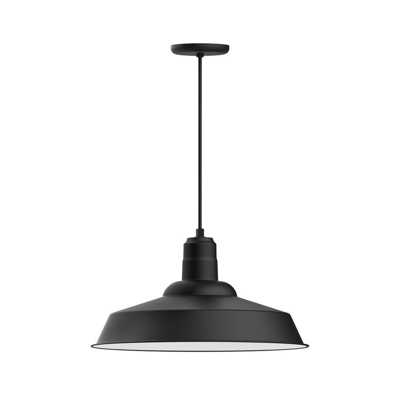 Black 20-inch pendant lamp with wide metal dome shade and hanging stem