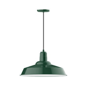 Forest green metal pendant light with domed shade and hanging cord