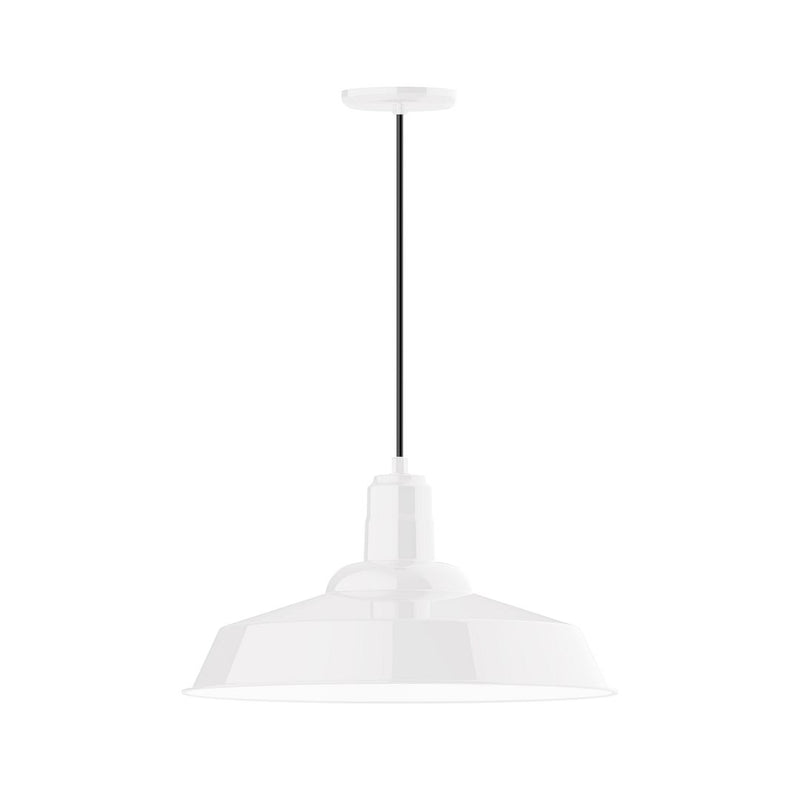Warehouse 20-inch pendant lamp with white bell shade and straight hanging rod