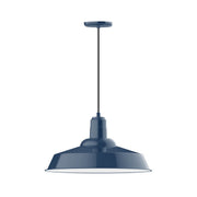 Navy LED pendant light with wide bell shade and downrod ceiling mount