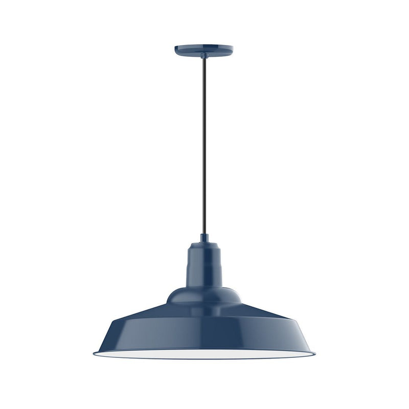 Navy LED pendant light with wide fluted bell shade and straight hanging rod