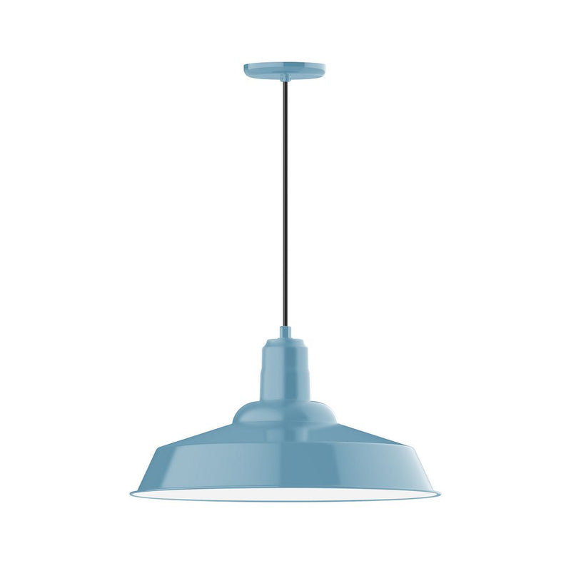 Light blue metal pendant lamp with wide bell shade and hanging stem