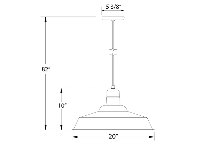 Black 20-inch pendant lamp dimension diagram with hanging length details