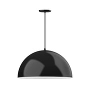 Shallow dome pendant light with black shade and white interior, 24 in wide
