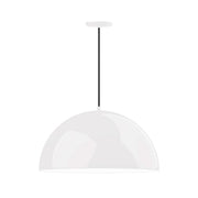 White shallow dome pendant light with black cord and white interior bowl