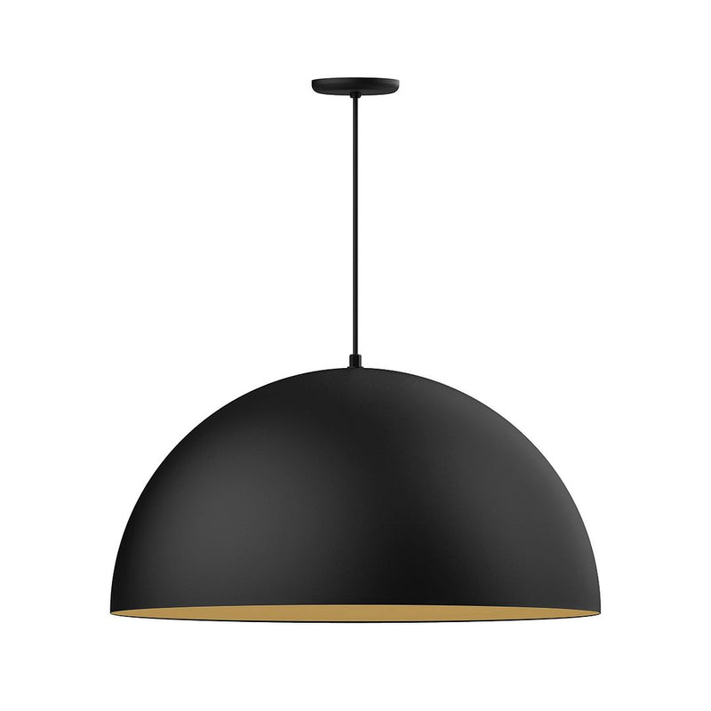 Black shallow dome pendant light with gold matte interior and hanging cord