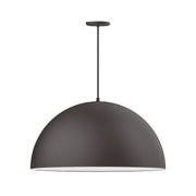 Bronze matte shallow dome pendant with white interior, suspended on a straight cord