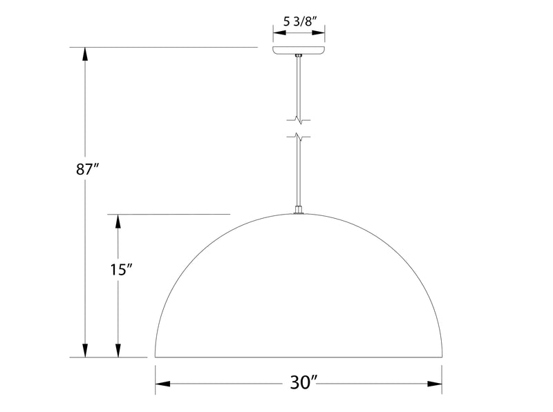 Shallow dome LED pendant diagram: 30 in width, 87 in height, 15 in drop