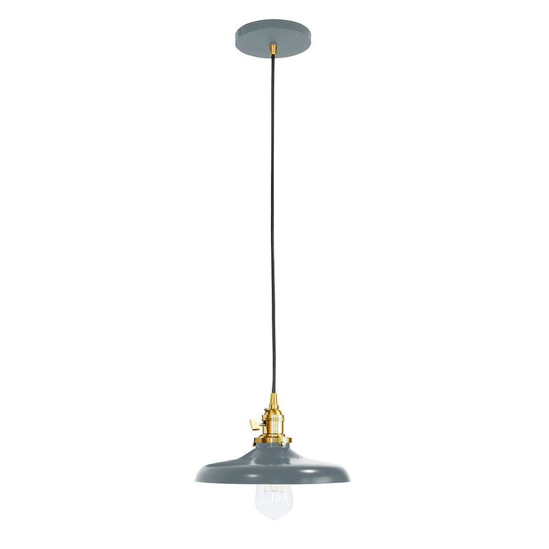 Slate gray pendant light with brushed brass socket and frosted bulb under dome shade