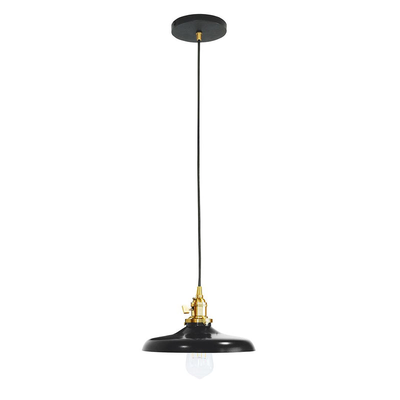 Black dome pendant light with brushed brass socket and clear bulb