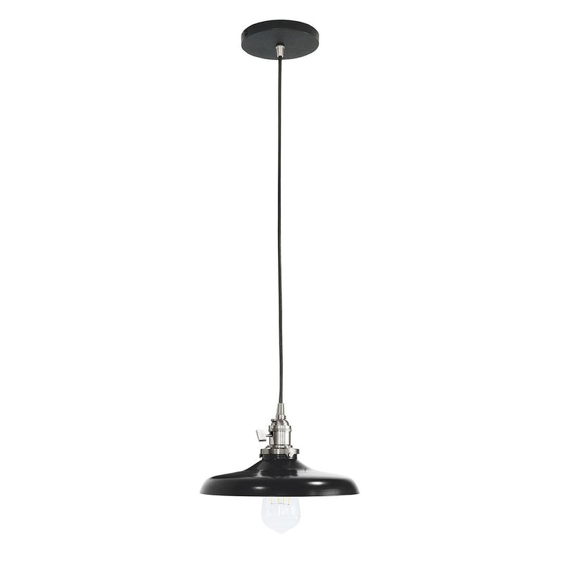 Black pendant light with brushed nickel socket and bell-shaped shade