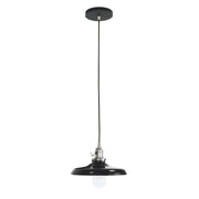 Black pendant light with brushed-nickel canopy, round black shade, hanging cord