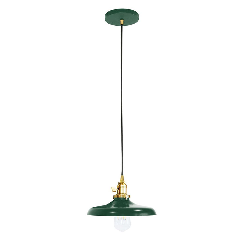 Forest green Uno pendant with brushed brass hardware, dome shade, and clear bulb.