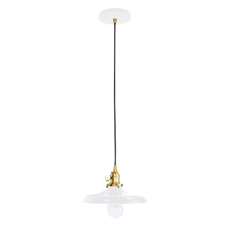 White glass pendant light with brushed brass fittings and black cord
