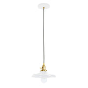 White glass pendant with brushed brass hardware, black cord, and exposed bulb socket