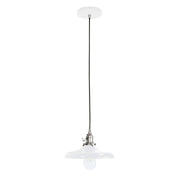 White glass pendant light with brushed nickel socket and black cord
