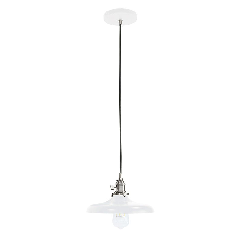 White glass pendant light with brushed nickel socket and black cord