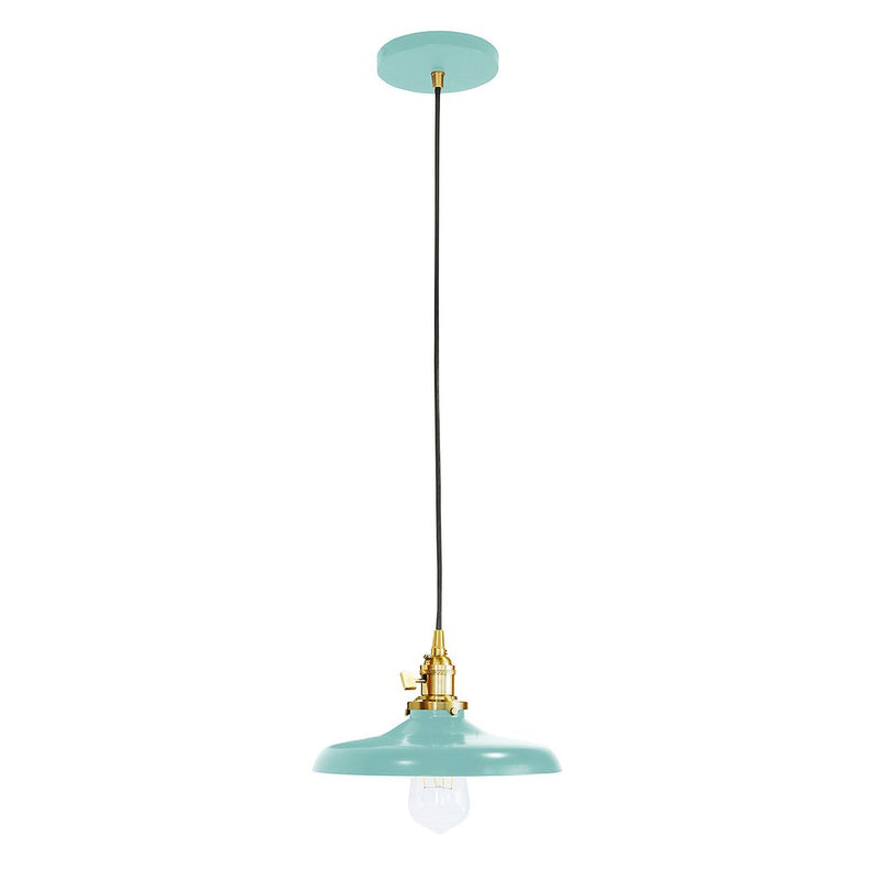 Uno pendant with sea green glass shade, brushed brass hardware, and black cord