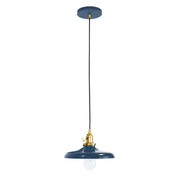 Uno pendant light with navy metal shade and brushed brass stem, clear globe bulb