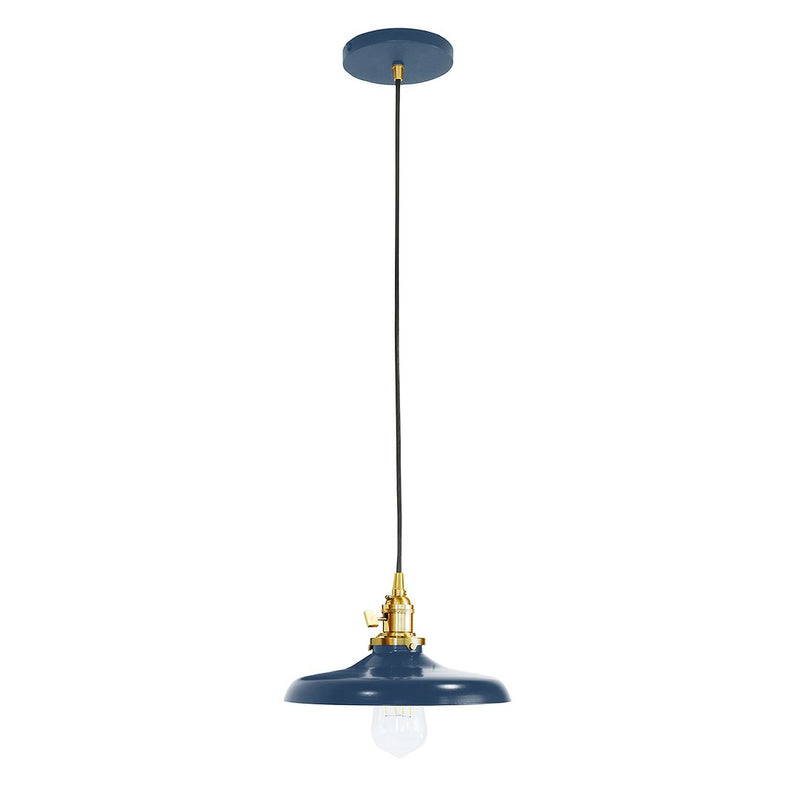 Navy pendant lamp with brushed brass hardware and domed shade, hanging by black cord