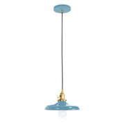 Light blue glass dome pendant with brushed brass canopy and clear glass bulb