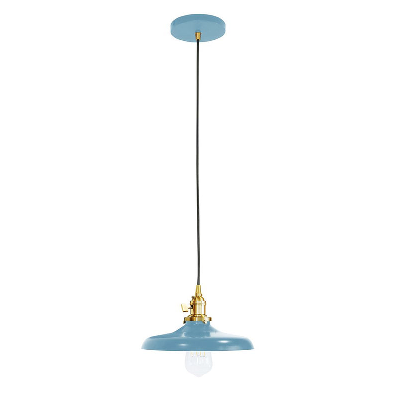 Light blue glass pendant with brushed brass canopy and black cord
