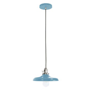 Light blue pendant lamp with brushed nickel hardware and clear glass bulb