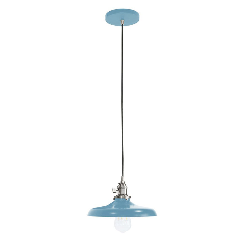 Light blue pendant lamp with brushed nickel hardware and clear glass bulb