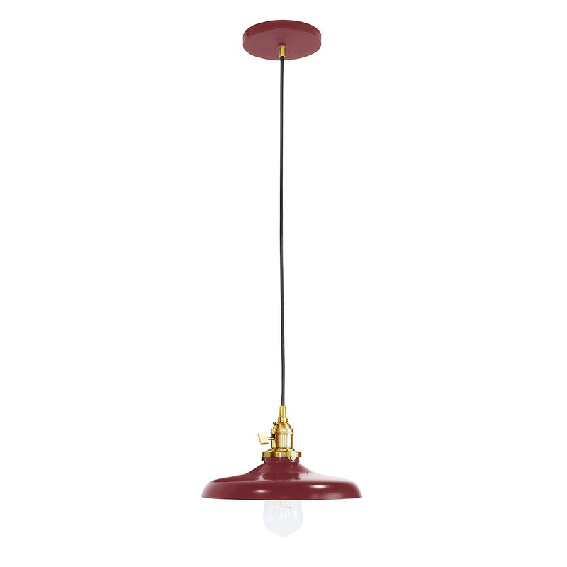Barn red Uno pendant light with brushed brass socket and clear glass bulb