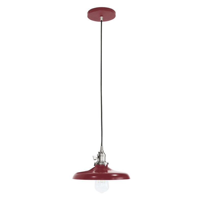 Barn red pendant light with brushed nickel socket and clear glass bulb