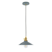 Uno pendant with slate gray shade and brushed brass canopy, hanging on a black cord