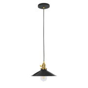 Black conical pendant shade with brushed brass hardware and clear bulb