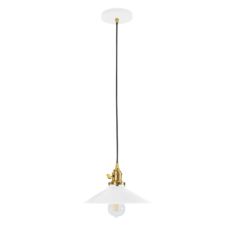 Uno pendant with white shade, brushed brass hardware, black cord, and white canopy