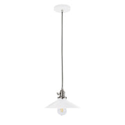 Uno pendant light with white dome shade and brushed nickel hardware on black cord