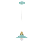 Sea green Uno pendant shade with brushed brass socket and black cord, glass bulb
