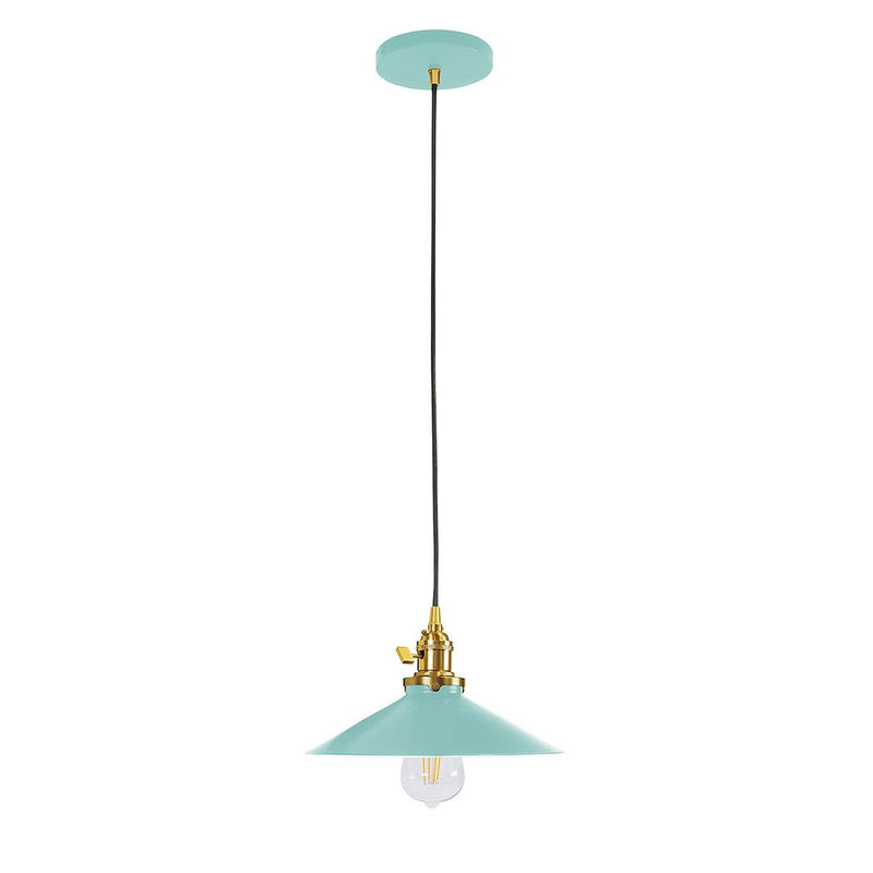 Sea green pendant bell shade with brushed brass socket and stem