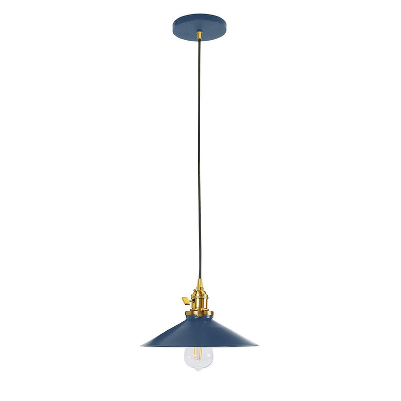 Uno pendant with navy dome shade and brushed brass hardware, with clear bulb