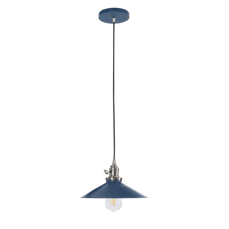 Navy bell pendant lamp with brushed nickel canopy, cord, and clear glass bulb
