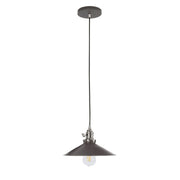 Bronze pendant light with conical shade, brushed nickel socket, clear bulb