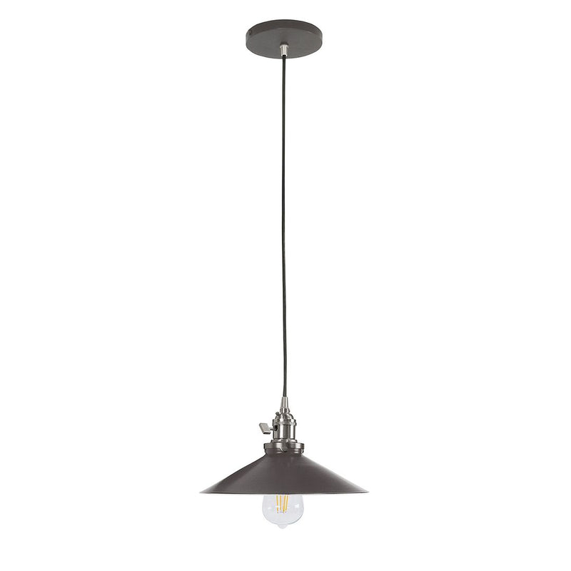 Bronze pendant light with conical shade, brushed nickel socket, clear bulb