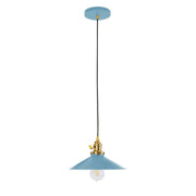 Light blue dome pendant light with brushed brass socket and clear bulb