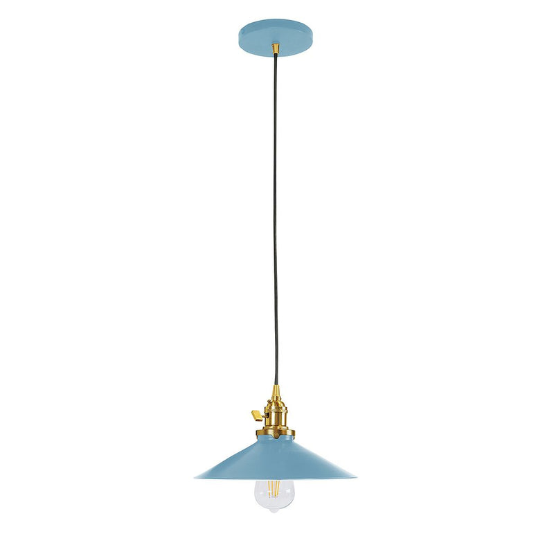 Light blue dome pendant light with brushed brass socket and clear bulb