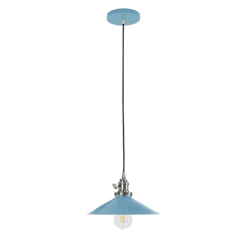 Light blue Uno pendant with brushed nickel canopy and conical shade, with clear bulb