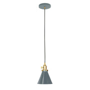 Slate gray Uno pendant with brushed brass hardware, black cord, and round ceiling canopy.