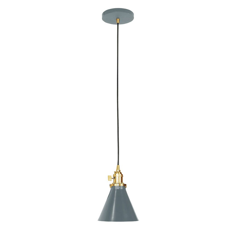Slate gray Uno pendant with brushed brass hardware, black cord, and round ceiling canopy.