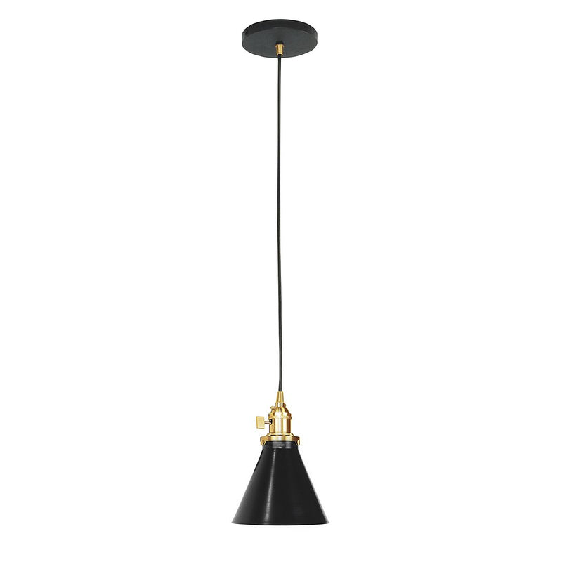Uno black pendant light with conical shade and brushed brass mounting hardware