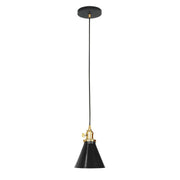 Black conical pendant light shade with brushed brass socket and hanging cord