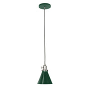 Uno pendant with forest green cone shade and brushed nickel mounting, hanging cord.